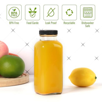 Glass Juice Bottles with Lids 8 oz - 6 Pack Reusable Drink Jars Containers with Labels and Brush for Juicing, Water, Milk, Kombucha, Smoothies - size: 8 oz