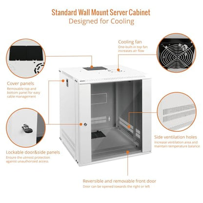 Tecmojo 12U Wall Mount Rack Network Cabinet for 19" IT Equipment,with Lockable Glass Door and Side Panels,Cooling Fan,17.7inch Depth,White - size: 12U/Glass Door/White