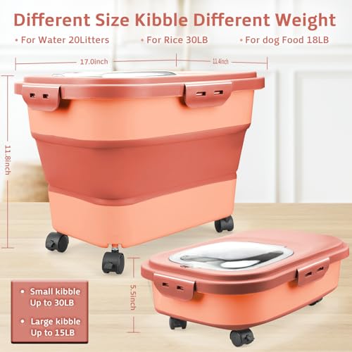 Komzon Rice Storage Containers, Collapsible 20 to 30Lbs Food Storage Bin Dispenser with Rolling Wheel and Clear Airtight Lid, BPA Free Flour, Sugar, Cereal and Dog Cat Pet food Containers - color: Pink