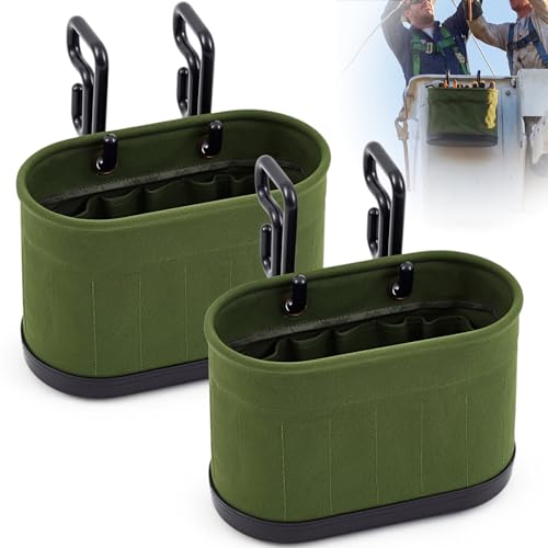 Vesici 2 Set Military Green Canvas Bucket Bag Including Hooks Aerial Oval Lineman Tool Bucket with Black Polypropylene Bottom 15 Pockets Tool Organizer for Industrial Maintenance Construction Sites - color: Military Green