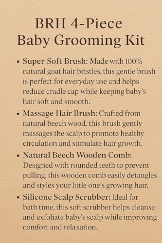 BRH 4 Piece Wooden Baby Hair Brush and Comb Set, Wooden Baby Care Kit with Soft Goat Bristle Brush,Baby Massage Brush, Baby Essentials Girl –Baby Hair Care Set for Newborn boy & Girls