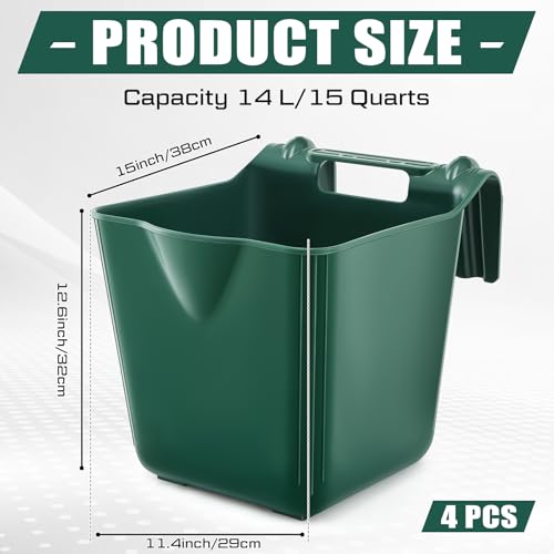 4 Pcs 15 Quart Plastic Hook Over Horse Feed Bucket for Stall Fence, Green - color: Green
