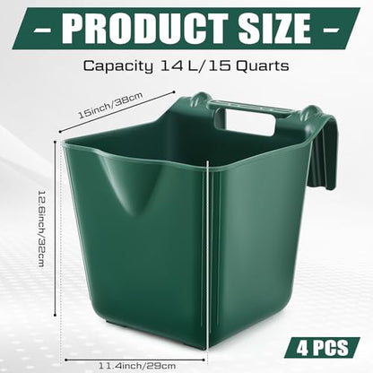 4 Pcs 15 Quart Plastic Hook Over Horse Feed Bucket for Stall Fence, Green - color: Green