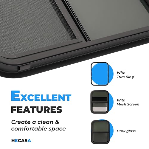 HECASA 18" W X 24" H RV Window W/Trim Ring & Mesh Screen Vertical Slide Fit for Van, Cargo, Trailer, Camper Tinted Tempered Glass Aluminium - size: 18" W x 24" H