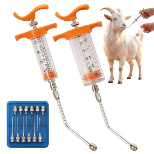 2 Pcs Goat Syringe Reusable Adjustable Goat Drench Syringe with 2 Drench Nozzle and Needles, Feeding Supplies for Cattle, Sheep, Goats, Horse, Pig, Dog (Orange, 20ML+50ML) - color: Orange, size: 20ML+50ML