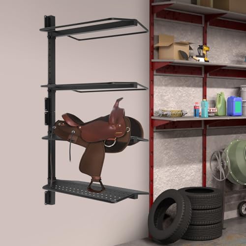 4-Tier Wall-Mounted Saddle Rack, Steel 4-Layer Horse Saddle Storage Holder, Barn Tack Room Organizer for Western & English Saddles, Fold-Out Arms, 200 lb Total Load, Black Powder Coat