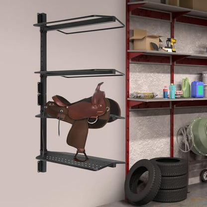4-Tier Wall-Mounted Saddle Rack, Steel 4-Layer Horse Saddle Storage Holder, Barn Tack Room Organizer for Western & English Saddles, Fold-Out Arms, 200 lb Total Load, Black Powder Coat