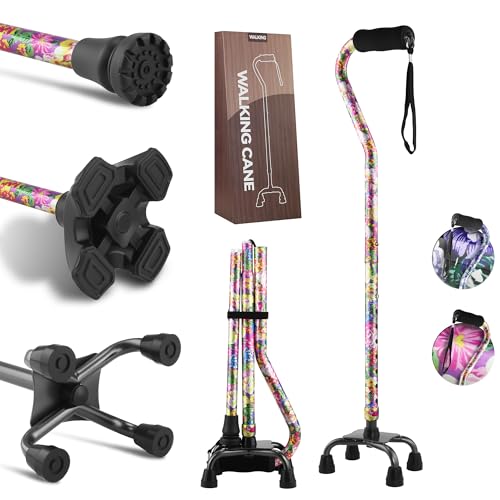 LIXIANG Walking Canes Stablize Women Quad Canes for Seniors & Adults Foldable Adjustable for Men & Women Heavy Duty Freestanding Cane for People with Leg Injuries 3 footings - color: Purple flower
