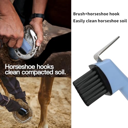 2-in-1 Blue Horse Hoop Pick with Brush Equine Hoop Pick | Metal Pick,PP Bristles,TPR Overmolded Handle,Hangable,Hoof Scraper Brush,Hoop Pick for Horses Cattle Donkey Livestock