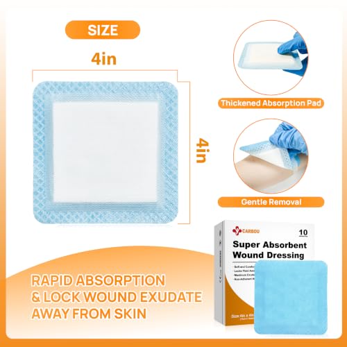 Carbou 4" x 4" Super Absorbent Wound Dressing, 10 Pack, Non-Adhesive Pads - size: 4"x 4"(Pack of 10)