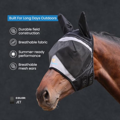 FlyGuard Pro Stretch Fly Mask with Ears | Extra Full Size | Ultra‑Comfort Fit | 3D Dome Eye Mesh | 70% UV Blocking, Breathable Stretch Fabric | Full‑Coverage Fly & Midge Protection - Jet Color - size: Extra Full