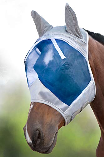 Harrison Howard CareMaster Thick Fleece Padding Translucent Fine Mesh Horse Fly Mask Standard Silver/Blue Retro Medium Cob