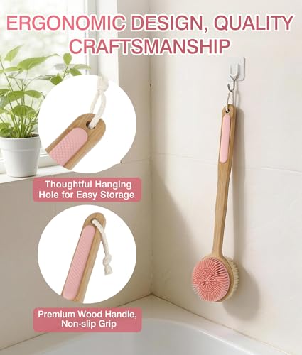 Silicone Body Back Scrubber for Shower 2 Pack, Long Handle Scrub Brush - color: Pink & Black