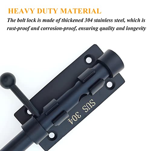 8in Slide Bolt Gate Latch 304 Stainless Steel Barrel Bolt Latch Heavy Duty Door Security Lock Thickened Door Latches Hardware with Mounting Screws for Barn Fence Shed Basement - color: 8in Black