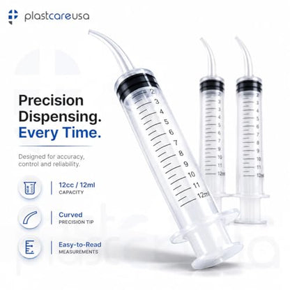50 Curved Tip Irrigation Syringes (12cc / 12ml) - Disposable Oral Dispensing Utility Syringe (Box of 50) by PlastCare USA