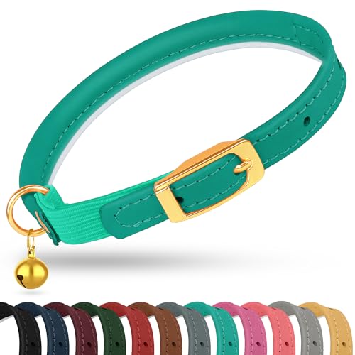 OOPSDOGGY Rolled Leather Cat Collar with Bell - Reflective Kitten Collar with Safety Elastic Strap - Adjustable Small Pet Collars for Boy Girl Cats (Teal) - color: Teal