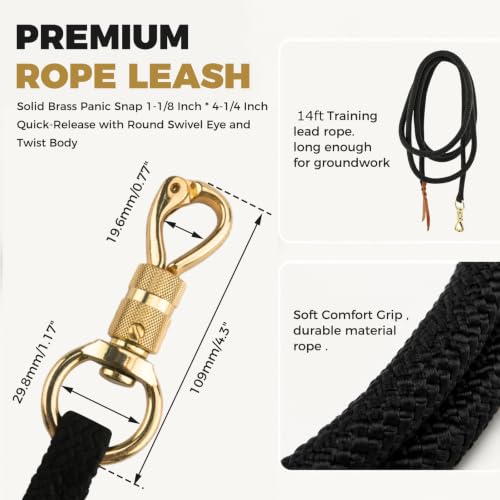 14 Feet Lead Ropes for Horses, Heavy Duty Horse Training Lead with Leather Popper End and Brass Swivel Snap, Soft Comfort Grip, Daily Horse Tack, 13/20" Diameter, Black
