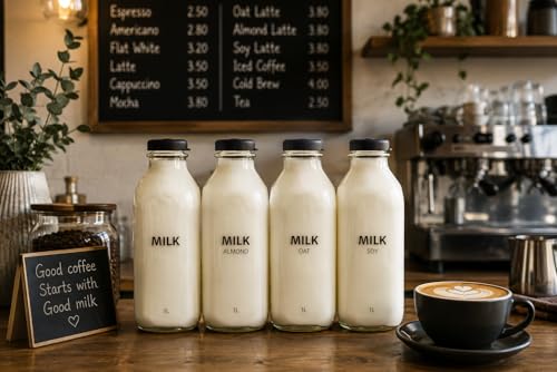 JARSAVER® 34oz/1L Glass Milk Bottles With Black Silicone Lid | Reusable Food Grade Glass Jugs | Leakproof & Airtight | Made in America | for Milk, Almond Milk, Oat Milk, Soy Milk, Juice (Almond Milk)