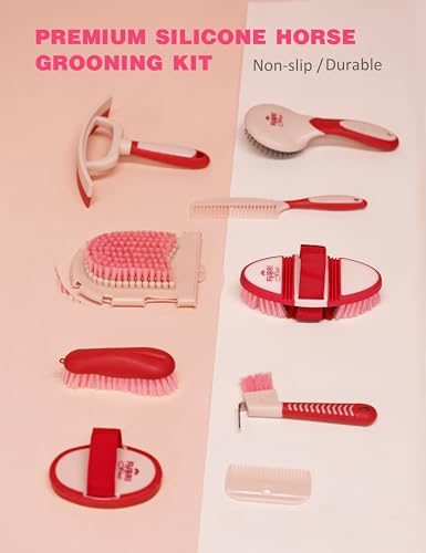 11-Piece Horse Grooming Kit with Waterproof Tote Pink Garnet - color: Pink Garnet