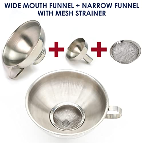 KEISSCO Stainless Steel 4-Piece Funnel and Strainer Set - Canning Funnel for Wide and Regular Mason Jars, Transferring Oils, Liquid, Fluid, Dry Ingredients & Powder, Wide & Narrow Mouth with Filter