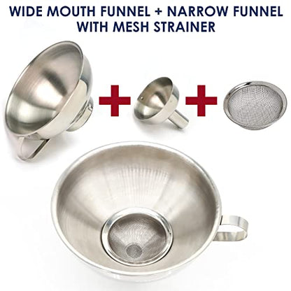 KEISSCO Stainless Steel 4-Piece Funnel and Strainer Set - Canning Funnel for Wide and Regular Mason Jars, Transferring Oils, Liquid, Fluid, Dry Ingredients & Powder, Wide & Narrow Mouth with Filter