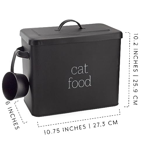 AuldHome Design Farmhouse Cat Food Container (Black) Enamel Look Rustic Cat Food Bin with Scoop