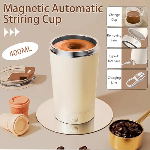 Self Stirring Mug with Lid, 13.5oz Magnetic Stirring Coffee Cup, Rechargeable 316 Stainless Steel, Auto-Mixing for Coffee, Milk, Protein Powder（Beige） - color: Beige
