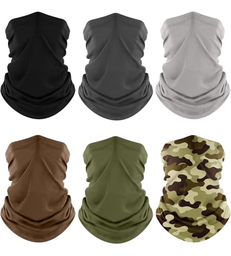 Fuinloth Neck Gaiter, 6 Pack Cooling UV Protection Bandana Face Mask Gator - color: Black+gray+green+light Gray+brown+camo Green