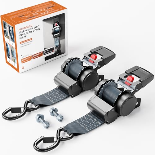 Retractable Ratchet Tie Down Straps for Boat Trailer, Jetski – Heavy Duty 3300lbs Break Strength with Transom Bolt-On, 2 x 72 Inch, 2-Pack - color: Black（Retractable）