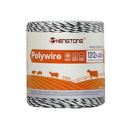 Electric Fence Polywire, 1320ft (400m), 3 Aluminum Strands, UV-Resistant PVC, 0.1in (2.5mm) Diameter, 256 lbs Tensile Strength, for Livestock and Rotational Grazing, White and Black - size: 1312 FT