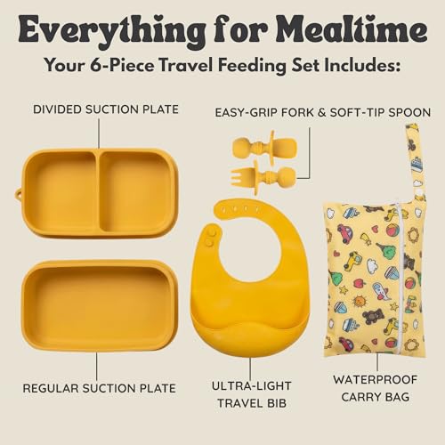 Baby Travel Feeding Set with Silicone Suction Plates, Yellow Small - color: Yellow