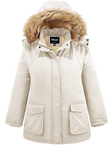 Soularge Women's Winter Plus Size Sherpa Lined Jacket with Hood | Women's Plus Size Workwear Fit,100% Cotton Outer Shell,Soft Fleece Lining,Windproof Stand Collar - color: Beige, size: 3X