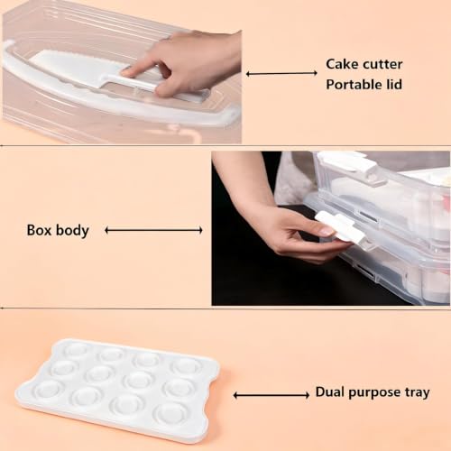 Plastic Cake Carrier and Cupcake Holder with Lids,Portable Stackable Cupcake Dessert Storage Container for Full Size 14x9 Cake Box Or Storing 12 Cupcakes Tray