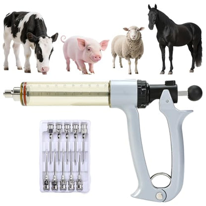 50ml Semi-Auto Repeating Livestock Syringe Gun, 5 Dose Settings - color: Silver Gray50ML