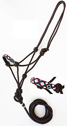 CHALLENGER Nylon Horse Braided Rope Halter Beaded Noseband Lead Rope 606RT - color: Brown Red Turquoise
