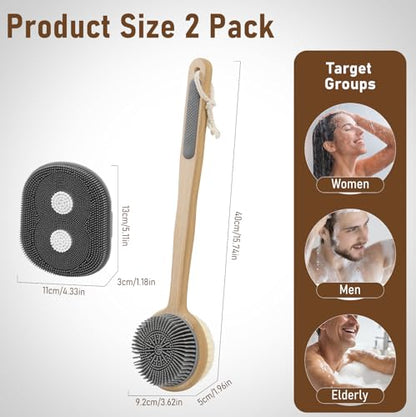 Back Scrubber for Shower & Body Scrubber 2 Pack - Silicone & Nylon Bristles - color: Grey