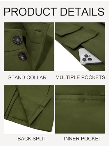 Runcati Mens Pea Coat Single Breasted Mid Long Trench Coat Overcoat | Slim Fit, Stand Collar, Fall Winter, Jacket, Pocket, Warm, Casual, Dress, Business, Christmas Gift - color: Army Green, size: Medium