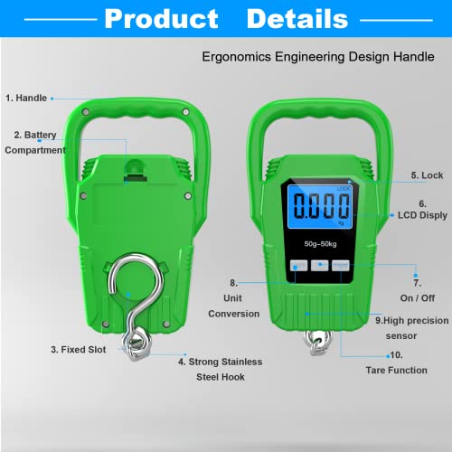 SKEAP Digital Fish Scale Hanging Scale Fishing Scale,110lb/50kg Luggage Scale,Upgrade Large Handle & Backlit LCD Display, Electronic Balance Digital Fishing Postal Scale,Green,Fishing Gifts for Men - color: Green