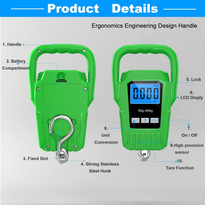 SKEAP Digital Fish Scale Hanging Scale Fishing Scale,110lb/50kg Luggage Scale,Upgrade Large Handle & Backlit LCD Display, Electronic Balance Digital Fishing Postal Scale,Green,Fishing Gifts for Men - color: Green