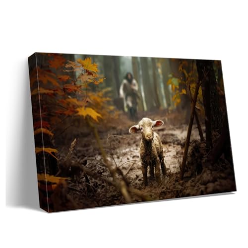 Ploceiny large artwork for wall Baptism wall art gifts for prayer room Jesus Running After Lost Lamb Picture for home decor canvas wall prints for for Living Room Bedroom decorations .(36"X24") A-399 - color: Jesus and Lamb Canvas Wall Art, size: 36"X24"