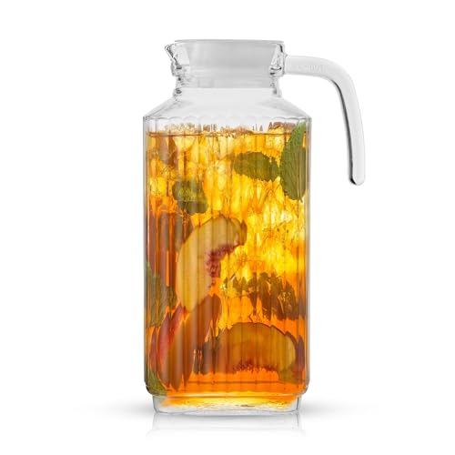 JoyJolt 60oz Glass Pitcher with Lid (2 Lids) - Beverage Serveware and Storage Container for Cold Drinks and Liquids. Juice Container, Water Jug, Fridge Pitcher for Iced Tea or Milk - size: 60 Ounces