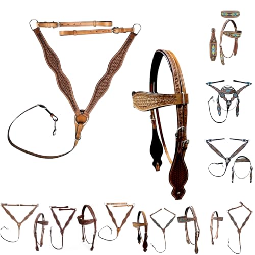 Majestic Ally Tooled Leather Western Headstall & Breast Collar Set – Handcrafted Leather, Classic Western Tack, Multiple Styles & Designs - style: 1007-NAT