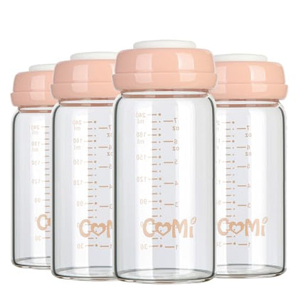 COMI Wide Neck Glass Breastmilk Collection n Storage Bottle, 8oz with Screw Ring Sealing Disk; Re-markable Sealing Disc. BPA Free, Fits Breast Pumps & Nipples (4 Pink Lids) - style: 240ml 4PINK