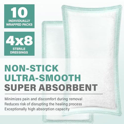 EVERLIT CARE EquiFlow Super Absorbent Dressing for Heavily Exuding Wound | Fast-Absorbing Non-Adhesive Polymer Dressing with Nonstick Gauze Pad | High Absorption & Retention | Pack of 10 (4" x 8") - size: 4" x 8"