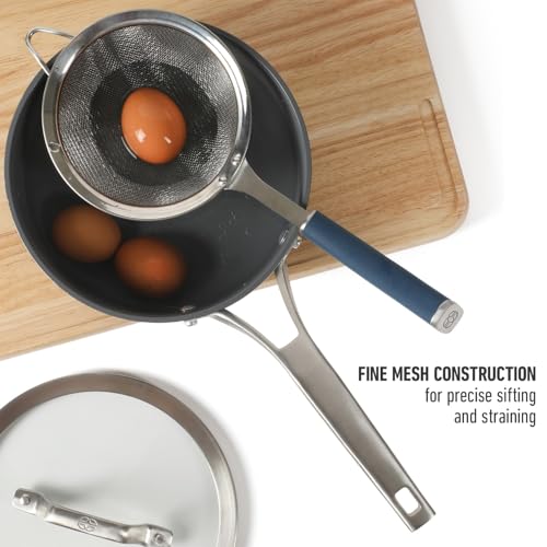 Calphalon Edge Stainless Steel Strainer, Fine Mesh Kitchen Colander Strainer with Thermoplastic Rubber Handle, Sifter for Rinsing, Draining & Straining Food, Navy - color: Navy Blue w/ Rubber Handle (Edge - Strainer)
