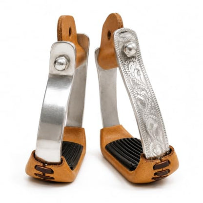 Engraved Western Horse Saddle Aluminum Stirrups Tread Padded & Leather Cover Roller Neck