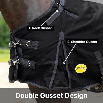 RESISTANCE Premium 1680D Waterproof Horse Turnout Blanket with 300g Polyfill & Adjustable Buckle Closure - color: Black, size: 80"