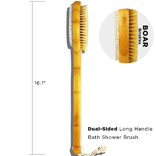 ICANdOIT 2 in 1 Long Handle Bath&Shower Brush,Bath Scrubber,Boar Bristle with Pumice Stone Exfoliate & Soften Skin,Dry Brushing Body Brush for Cellulite&Lymphatic Drainage