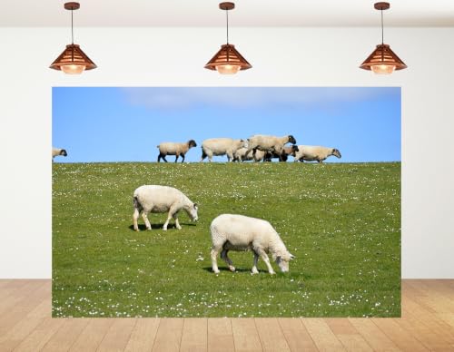 16x10ft Grass Sheep Pasture Backdrop White Wool Sheep Wild White Flower Bright Blue Cloud Sky Background Tapestry Party Farm Pasture Decorations Banner Photo Props - size: 16x10ft