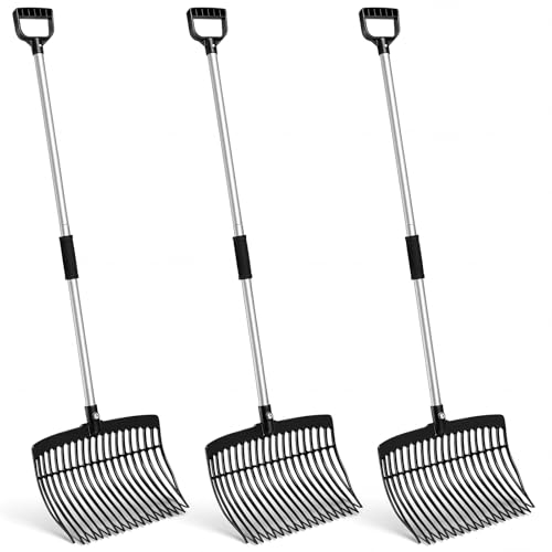 Lasnten 3 Sets Manure Fork with Long Metal Handle 18 Fine Tines Pitch Fork Manure Rake Heavy Duty Muck Rake for Gardening Horse Stable Grass Hay Cleaning Farm Work, D Shaped Grip (Black) - color: Black